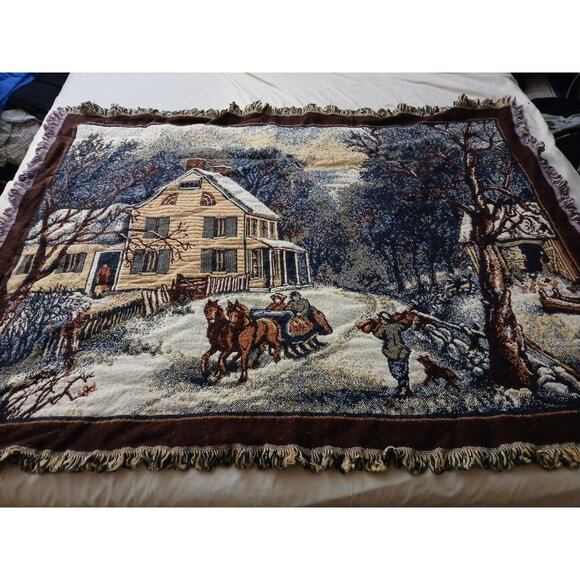Crown Crafts Winter Scene Sleigh Ride Farm House Throw Blanket Tapestry Vintage - Picture 1 of 14